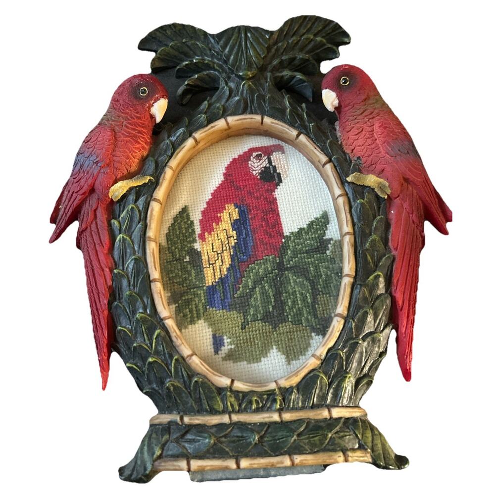 Vintage Colorful Tropical Parrot Themed PICTURE FRAME With Cross Stitch 3D Real